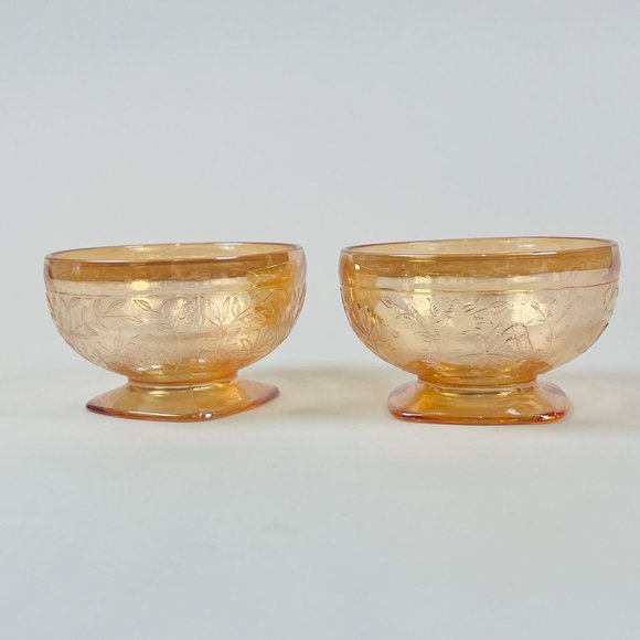 Vintage 2 Carnival Glass Orange Lusterware Sherbet Dish Footed Pedestal Glasses - Picture 1 of 7